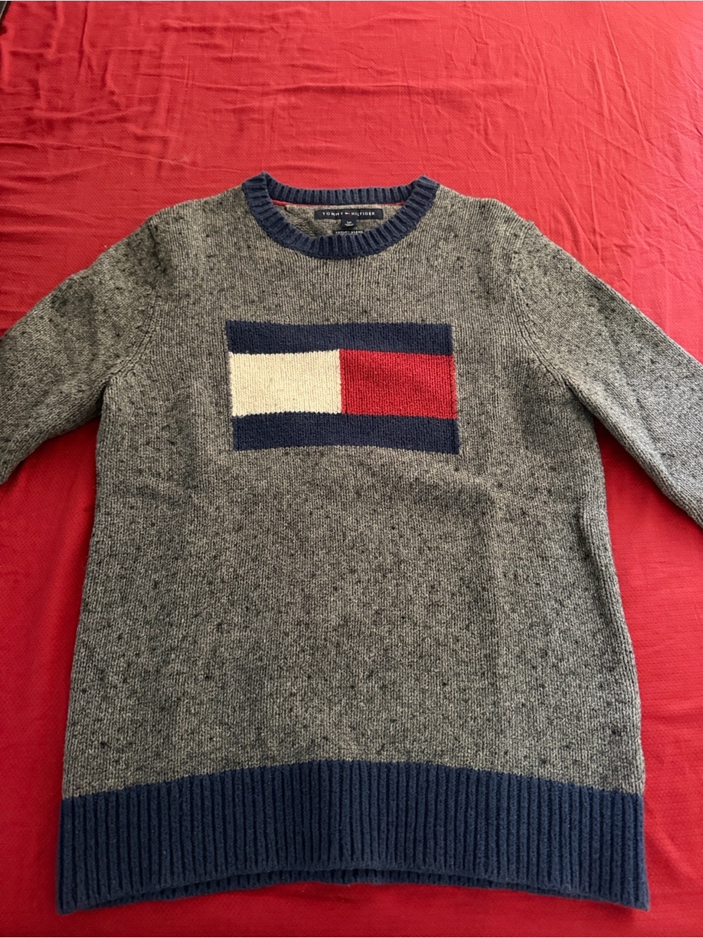 Tommy Hilfiger Gray Crewneck with Red, White & Navy Flag Panel